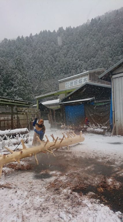 雪の中、水圧を使い皮むき作業